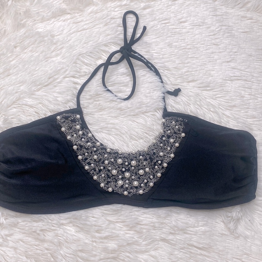Xhilaration Pearl Beaded Black Halter Tie Bikini Swim Top Size Large